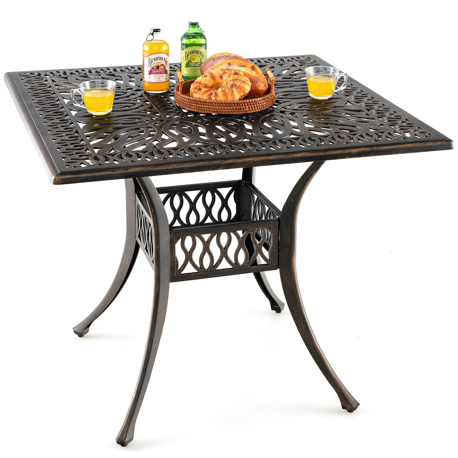 Tangkula 35.4 Inches Outdoor Dining Table, All-Weather Cast Aluminum Table With 2.2” Umbrella Hole, 4 Person Square Dining Table For Garden, Backyard And Poolside
